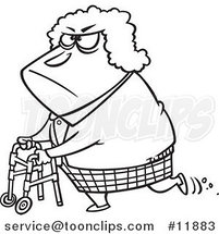 Cartoon Outlined Grumpy Granny Using Her Walker by Toonaday