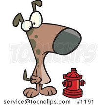 Cartoon Dog Looking at an Undersized Fire Hydrant by Toonaday