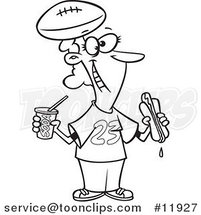 Cartoon Outlined Diehard Football Fan Lady with Fast Food by Toonaday