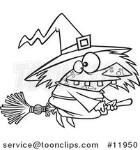 Cartoon Outlined Warted Witch on Her Broomstick by Toonaday