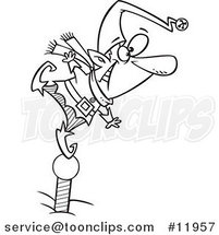Cartoon Outlined Christmas Elf Standing on a Pole and Keeping a Look out by Toonaday