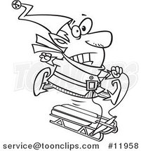 Cartoon Outlined Christmas Elf Losing Control of a Sled by Toonaday