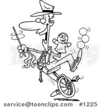 Cartoon Black and White Outline Design of a Entertainer Doing Tricks on a Unicycle by Toonaday