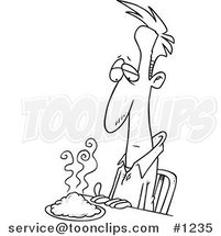 Cartoon Black and White Outline Design of an Uncertain Guy Looking at Green Food on His Plate by Toonaday