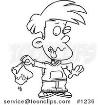 Cartoon Black and White Outline Design of a Disgusted Boy Holding a Muddy Lunch Bag by Toonaday