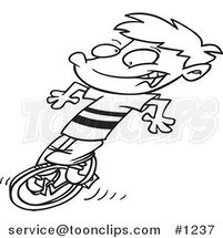 Cartoon Black and White Outline Design of a Boy Riding a Unicycle by Toonaday