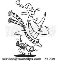 Cartoon Black and White Outline Design of a Unicycling Christmas Rhino by Toonaday