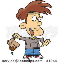 Cartoon Disgusted Boy Holding a Muddy Lunch Bag by Toonaday