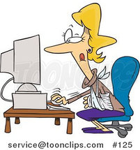 Cartoon Injured Blond Lady Using a Desktop Computer by Toonaday