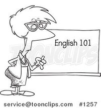 Cartoon Black and White Outline Design of an English 101 Teacher Standing by a Chalk Board by Toonaday