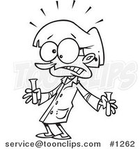 Cartoon Black and White Outline Design of a Scared Science Teacher Holding Test Tubes by Toonaday