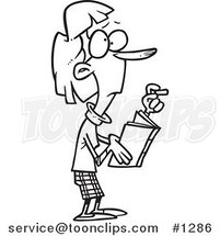 Cartoon Black and White Outline Design of a Skinny Female Teacher Holding a Book and Chalk by Toonaday