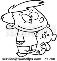 Cartoon Black and White Outline Design of a Happy Boy Carrying His Teddy Bear by Toonaday