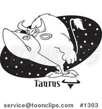 Cartoon Black and White Outline Design of a Taurus Bull over a Black Starry Oval by Toonaday