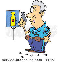 Cartoon Police Officer in Training, Shooting at Close Range and Missing His Target by Toonaday