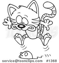 Cartoon Black and White Outline Design of a Toy Mouse Frightening a Tabby Cat by Toonaday