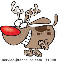 Cartoon Red Nosed Christmas Dog Running and Wearing Antlers by Toonaday