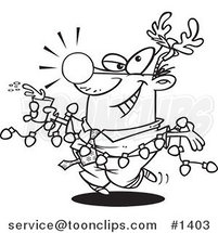 Cartoon Black and White Outline Design of a Business Man Wearing Antlers and Holding a Drink While Draped in Christmas Lights by Toonaday
