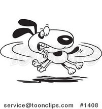 Cartoon Black and White Outline Design of a Dog Chasing His Tail by Toonaday