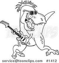 Cartoon Black and White Outline Design of a T-Rex Playing a Guitar by Toonaday