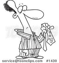 Cartoon Black and White Outline Design of a Black Guy in His Pajamas, Holding a Christmas Tie by Toonaday
