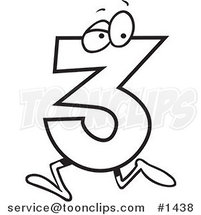 Cartoon Black and White Outline Design of a Running Number Three by Toonaday