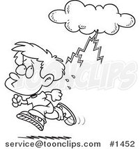 Cartoon Black and White Outline Design of a Boy Running from Lightning by Toonaday