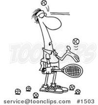 Cartoon Black and White Outline Design of a Tennis Player Being Hit in the Face with Ball After Ball by Toonaday