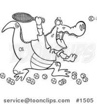 Cartoon Black and White Outline Design of an Alligator Playing Tennis by Toonaday