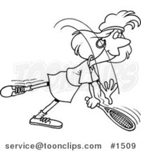 Cartoon Black and White Outline Design of a Lady Swinging Her Tennis Racket by Toonaday