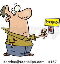 Cartoon Guy About to Push a Customer Service Button Under an Assistance Sign by Toonaday
