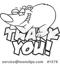 Cartoon Black and White Outline Design of a Grateful Bear Resting on Thank You Text by Toonaday