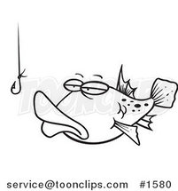 Cartoon Black and White Outline Design of a Tempted Fish Staring at a Hook by Toonaday