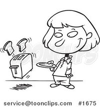 Cartoon Black and White Outline Design of a Girl Holding a Plate for Her Toast Popping out of a Toaster by Toonaday