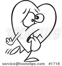 Cartoon Black and White Outline Design of a Tired Heart Walking by Toonaday