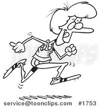 Cartoon Black and White Line Drawing of a Lady Running Track by Toonaday