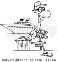 Cartoon Black and White Line Drawing of a Cruise Tourist Posing by the Boat by Toonaday