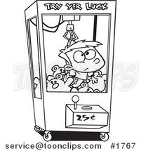 Cartoon Black and White Line Drawing of a Boy Stuck in a Toy Machine by Toonaday