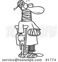 Cartoon Black and White Line Drawing of a Guy Using a Crutch for Traction by Toonaday