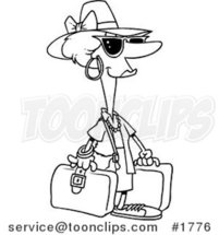 Cartoon Black and White Line Drawing of a Female Tourist Carrying Luggage by Toonaday