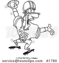 Cartoon Black and White Line Drawing of a Black Football Player Scoring a Touchdown by Toonaday