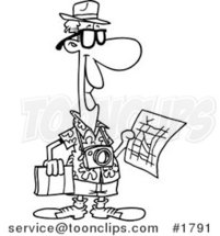 Cartoon Black and White Line Drawing of a Tourist Holding a Map and Sight Seeing Book by Toonaday
