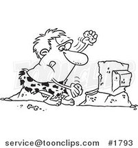 Cartoon Black and White Line Drawing of a Caveman Using Stones to Type on a Computer by Toonaday