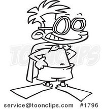 Cartoon Black and White Line Drawing of a Super Swim Boy Wearing Flippers and a Towel Cape by Toonaday