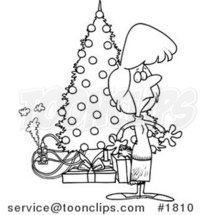 Cartoon Black and White Line Drawing of a Lady Standing by a Christmas Tree with an Overloaded an Electrical Socket by Toonaday