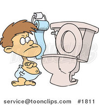 Stubborn Cartoon Toddler Standing by a Toilet with His Arms Folded by Toonaday