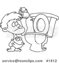 Cartoon Black and White Line Drawing of a Stubborn Toddler Standing by a Toilet with His Arms Folded by Toonaday