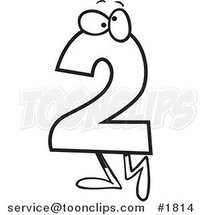 Cartoon Black and White Line Drawing of a Number Two Character by Toonaday