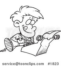 Cartoon Black and White Line Drawing of a Boy Typing a Story on a Typewriter by Toonaday