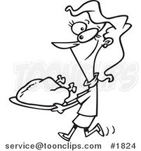 Cartoon Black and White Line Drawing of a Lady Carrying a Roasted Turkey by Toonaday
